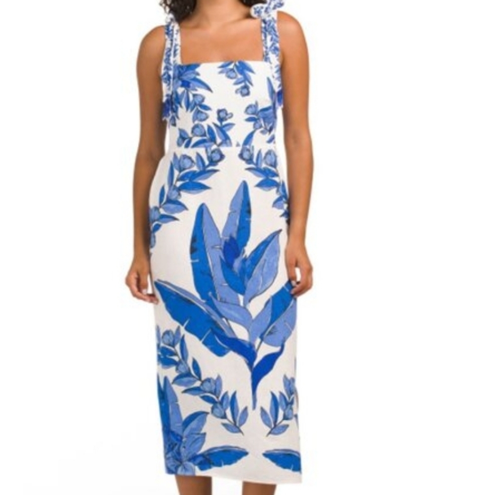Calypso St. Barth Blue and White Tropical Print Linen Beaded Maxi Dress NWT Sz M